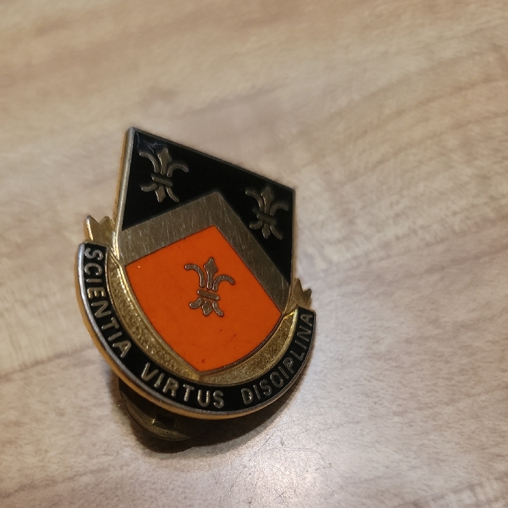 Orange and Black Crest Pin with Motto